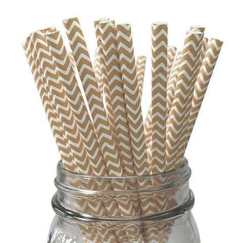 Tan Chevron Striped 25pc Paper Straws.