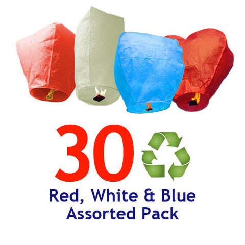 30 ECO Red, White, & Blue Assorted Shapes Sky Lanterns.