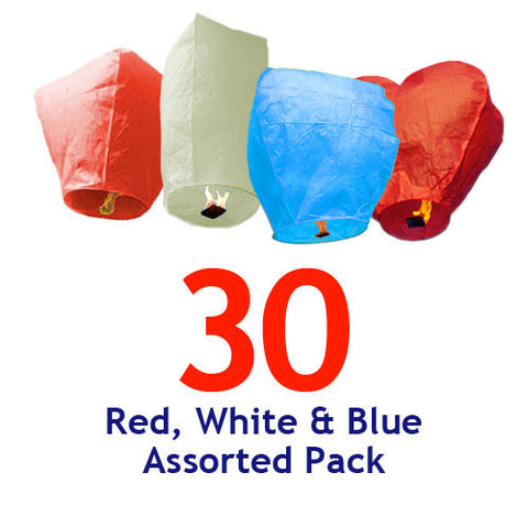 30 Red, White, & Blue Assorted Shapes Sky Lanterns.