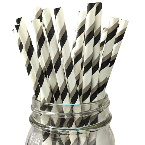Black and Grey Striped 25pc Paper Straws.