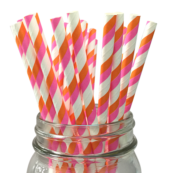 Bubblegum Pink and Orange Striped 25pc Paper Straws