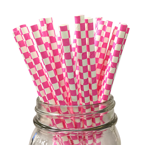 Hot Pink Checkered 25pc Paper Straws.