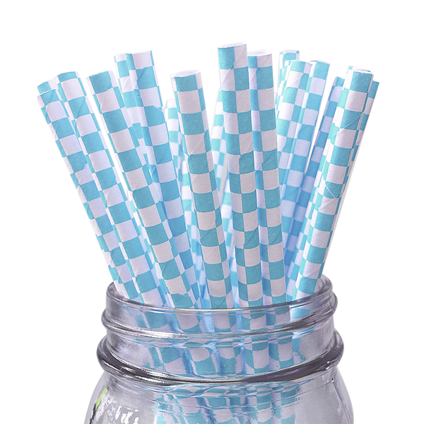 Light Blue Checkered Cake Pop Party Straws