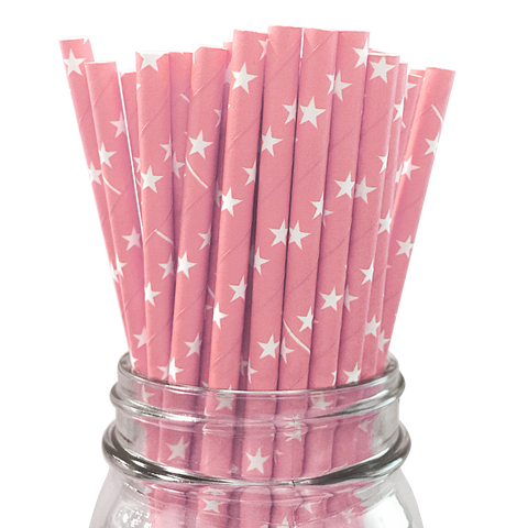 Light Pink with White Stars 25pc Paper Straws.