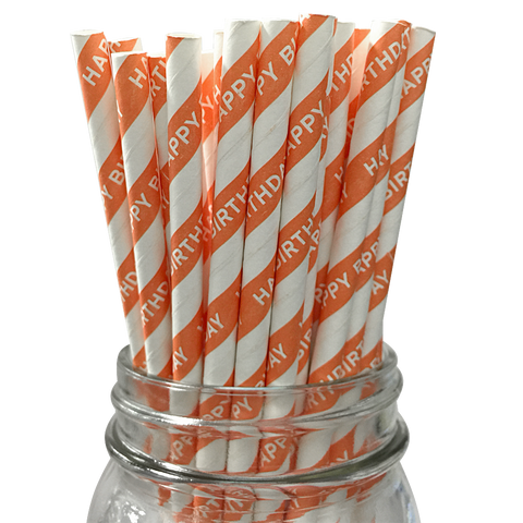 Orange Happy Birthday 25pc Paper Straws.