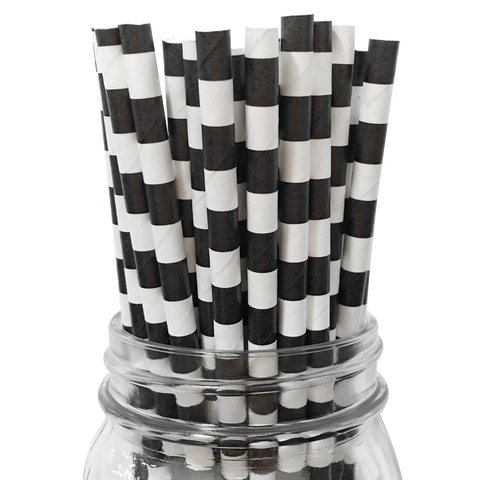 Black Rugby Striped 25pc Paper Straws.
