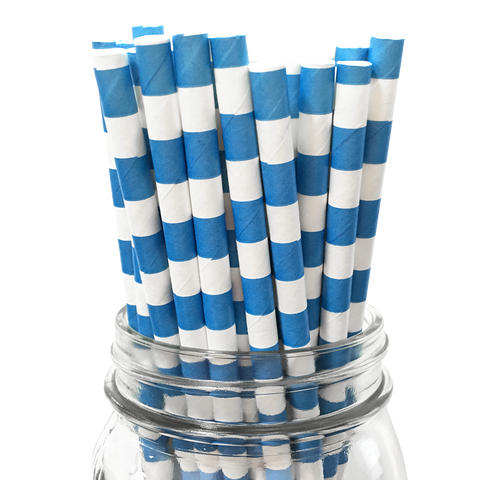 Blue Rugby Striped 25pc Paper Straws.