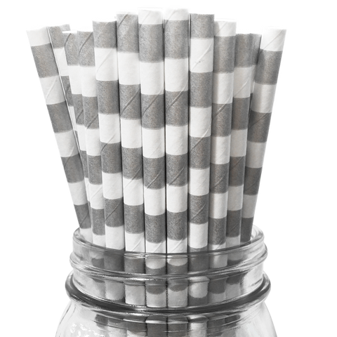 Silver Rugby Striped 25pc Paper Straws.