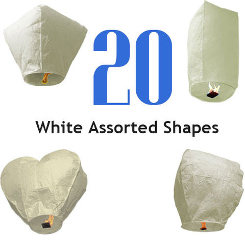20 White Assorted Shapes Sky Lanterns.
