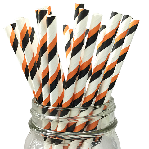 Black and Orange Striped 25pc Paper Straws.