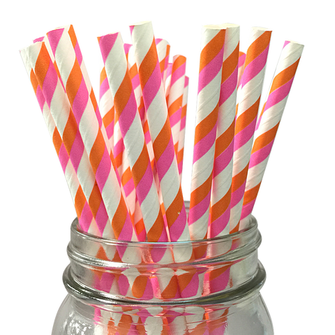 Bubblegum Pink and Orange Striped 25pc Paper Straws.