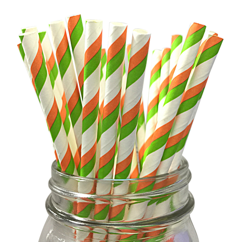 Green and Orange Striped 25pc Paper Straws.