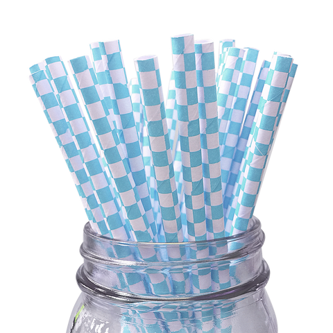 Light Blue Checkered 25pc Paper Straws.
