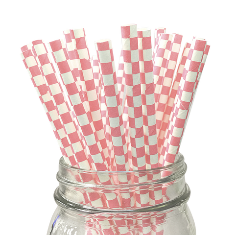 Light Pink Checkered 25pc Paper Straws.
