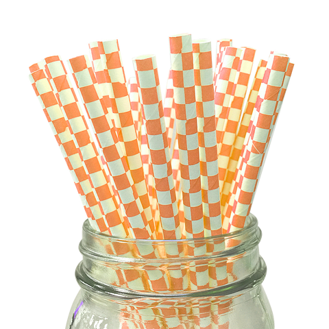 Orange Checkered 25pc Paper Straws.
