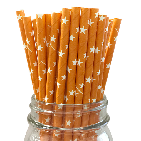 Orange with White Stars 25pc Paper Straws.