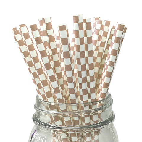 Tan Checkered 25pc Paper Straws.