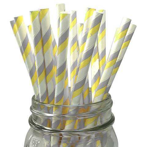 Yellow and Grey Striped 25pc Paper Straws.