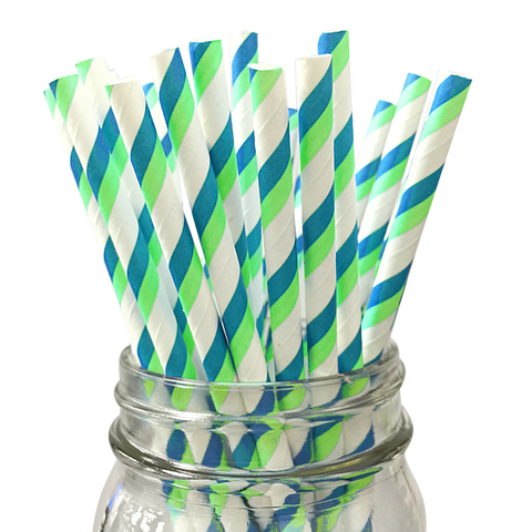 Lime Green and Turquoise Striped 25pc Paper Straws.